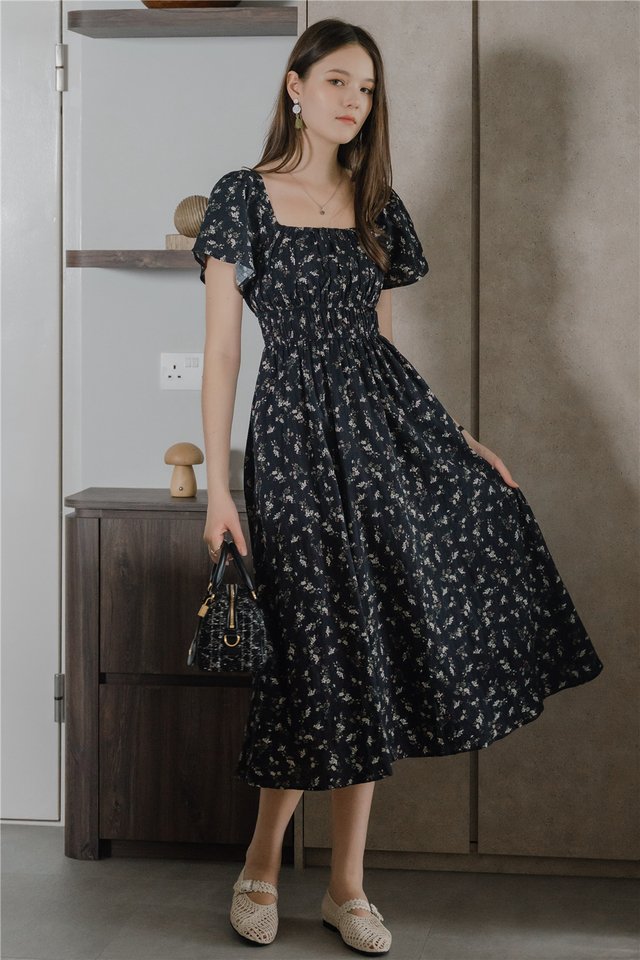 ACW Duo Waistband Flutter Sleeve Midi Swing Dress in Midnight Floral