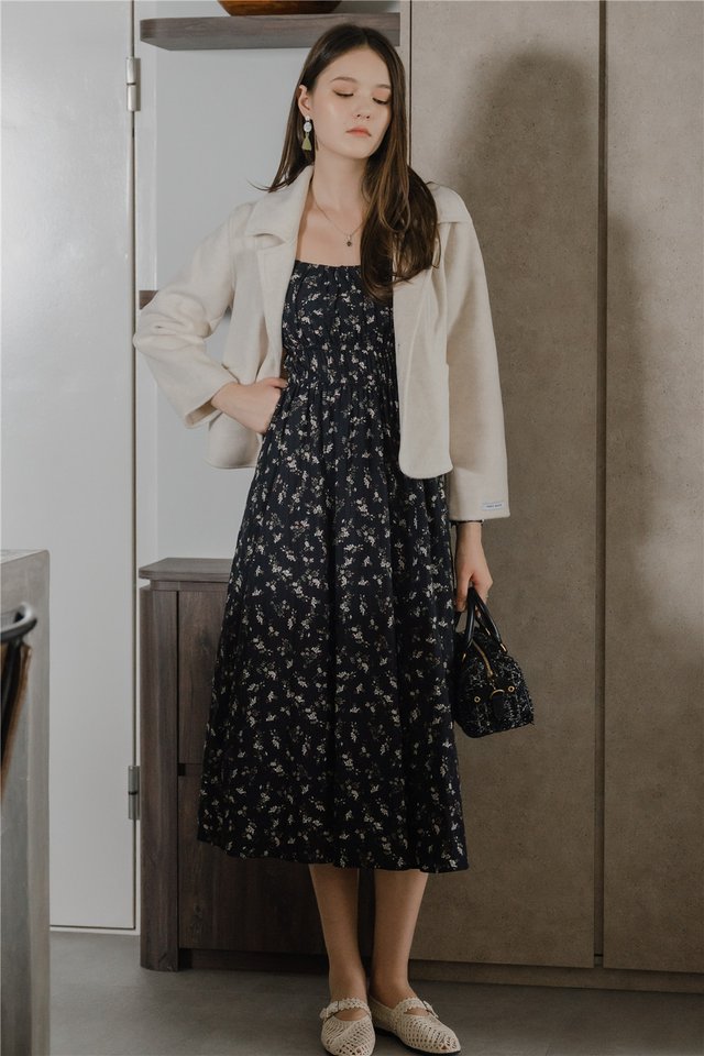 ACW Duo Waistband Flutter Sleeve Midi Swing Dress in Midnight Floral
