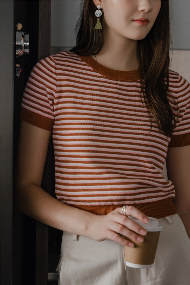 *Preorder* ACW Striped Crop Basic Sleeve Knit Top in Caramel Brown