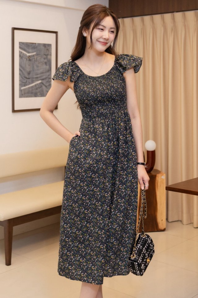 ACW Corset Waistline Flutter Sleeveless Midi Dress in Midnight Coloured Floral