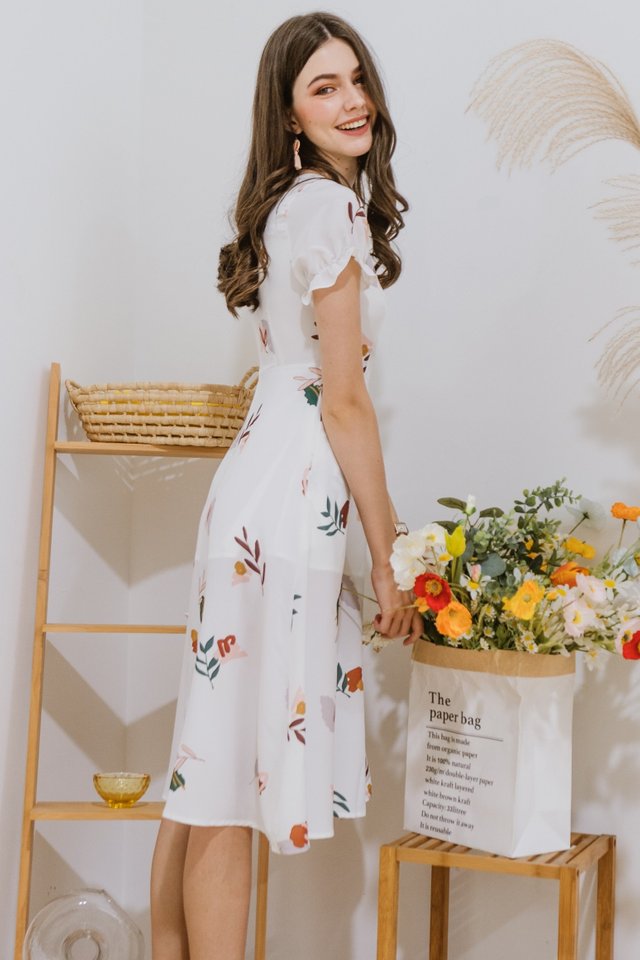 ACW Bloom Floral Puff Sleeve Zipper Midi Dress in White