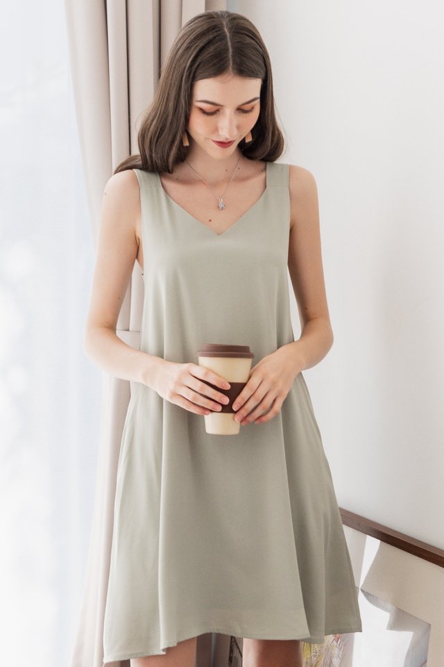 ACW Thick Strap Adjustable Button Swing Dress in Sage