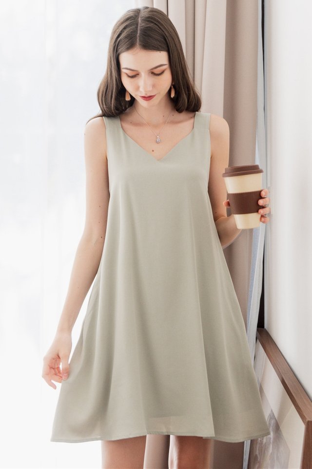 ACW Thick Strap Adjustable Button Swing Dress in Sage