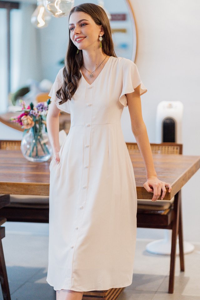 ACW Button Panel Flutter Sleeve Midi Dress in Ivory