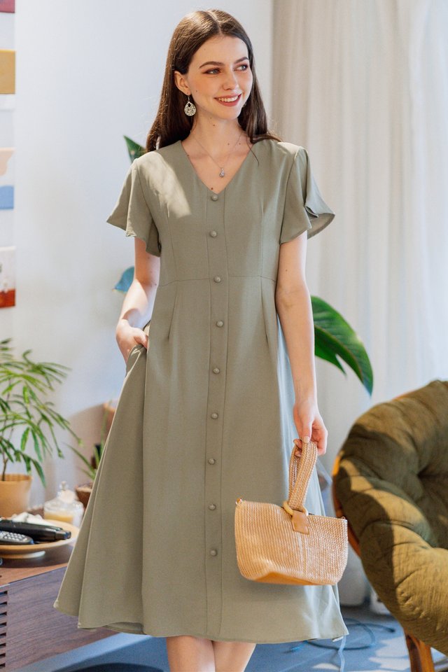 ACW Button Panel Flutter Sleeve Midi Dress in Olive 