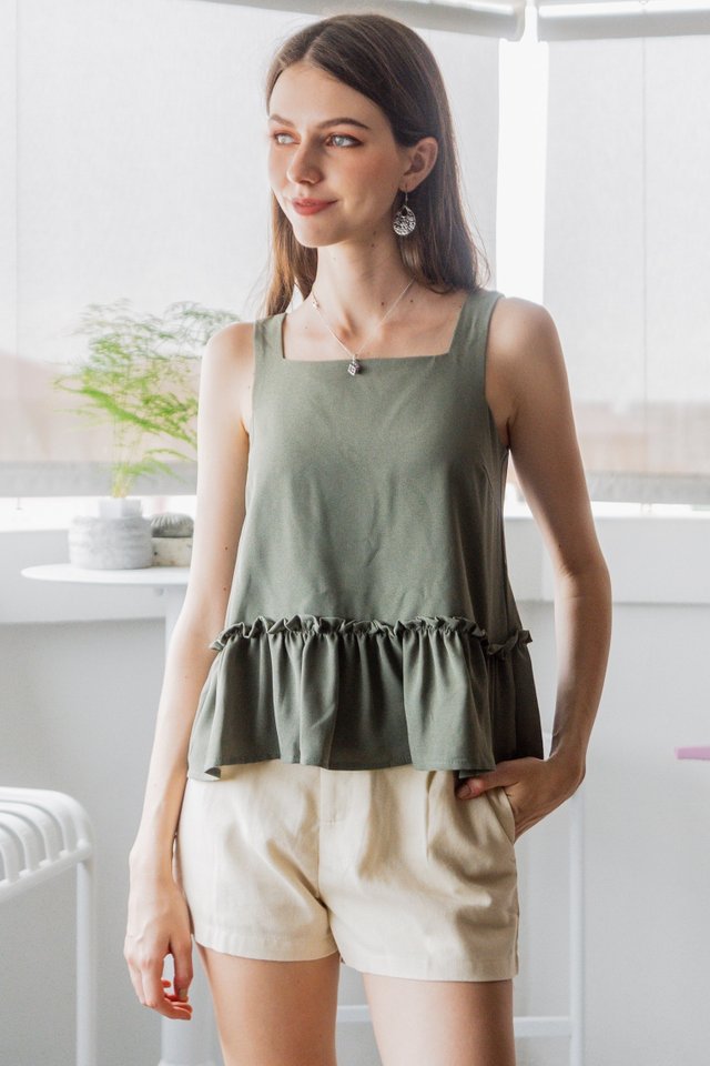 ACW Square Neck Frill Hem Babydoll Top in Olive