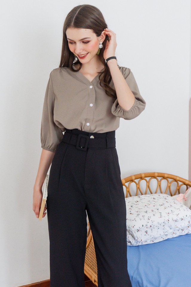 ACW Balloon Sleeve Button Down Blouse in Olive