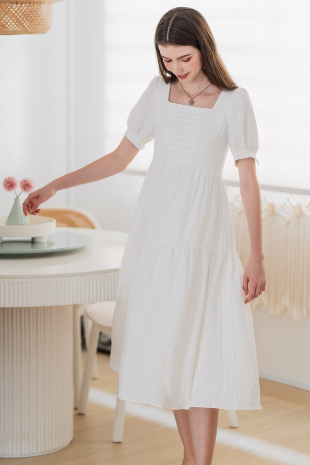 ACW Ruched Puff Sleeve Midi Dress in White