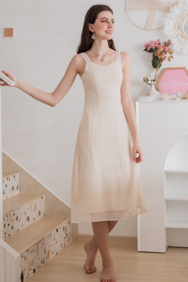 ACW Dotty Thick Strap Flare Midi Dress in Ivory