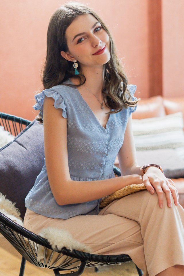 ACW Dotty Ruffle Sleeve Top in Periwinkle