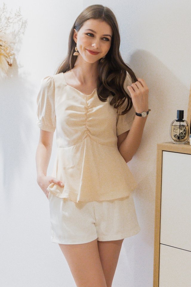ACW Ruch Puff Sleeve Babydoll Top in Ivory