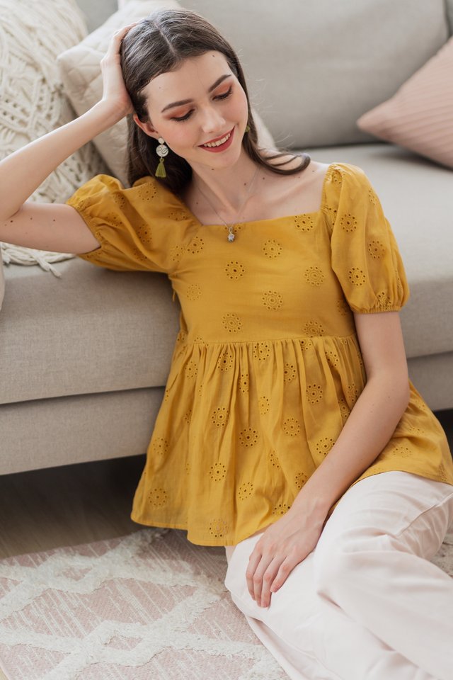 ACW Puff Sleeve Eyelet Babydoll Top in Daffodil
