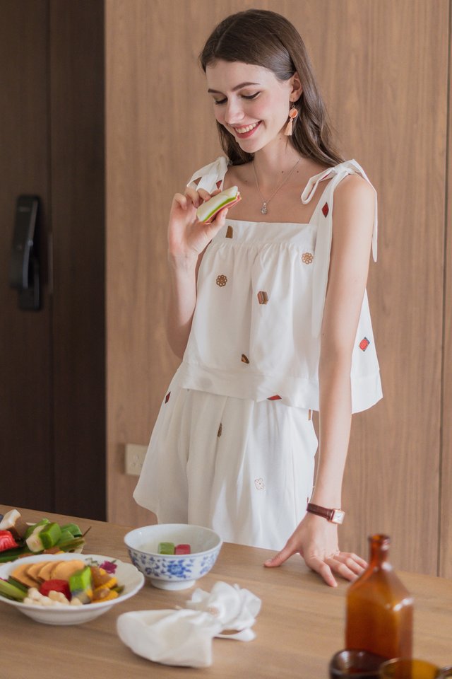 ACW Kueh Embroidery Tie Strap Flare Top
