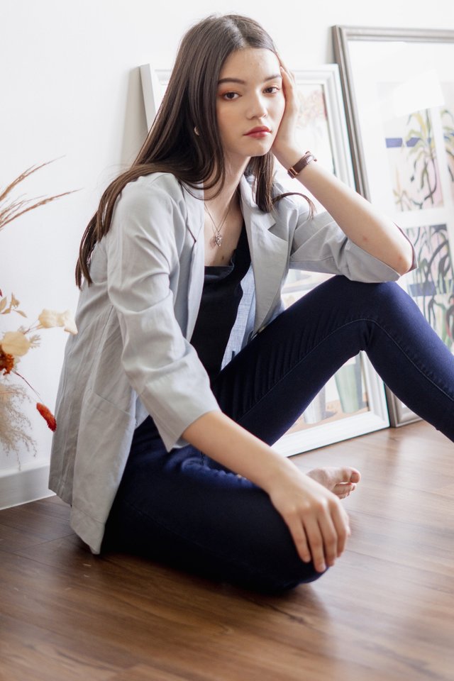 ACW Linen Oversized Button Pocket Blazer in Sky