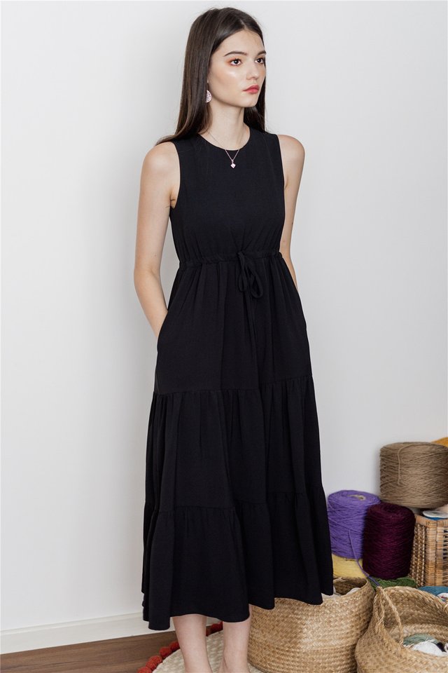 ACW Drawstring Tiered Midi Dress in Black 