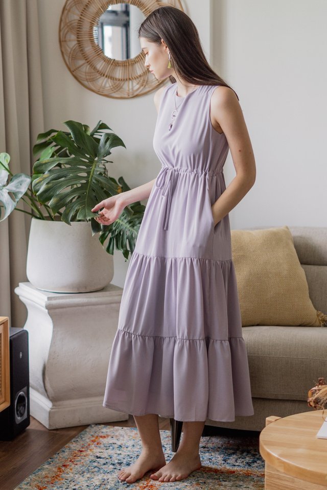 ACW Drawstring Tiered Midi Dress in Lavender