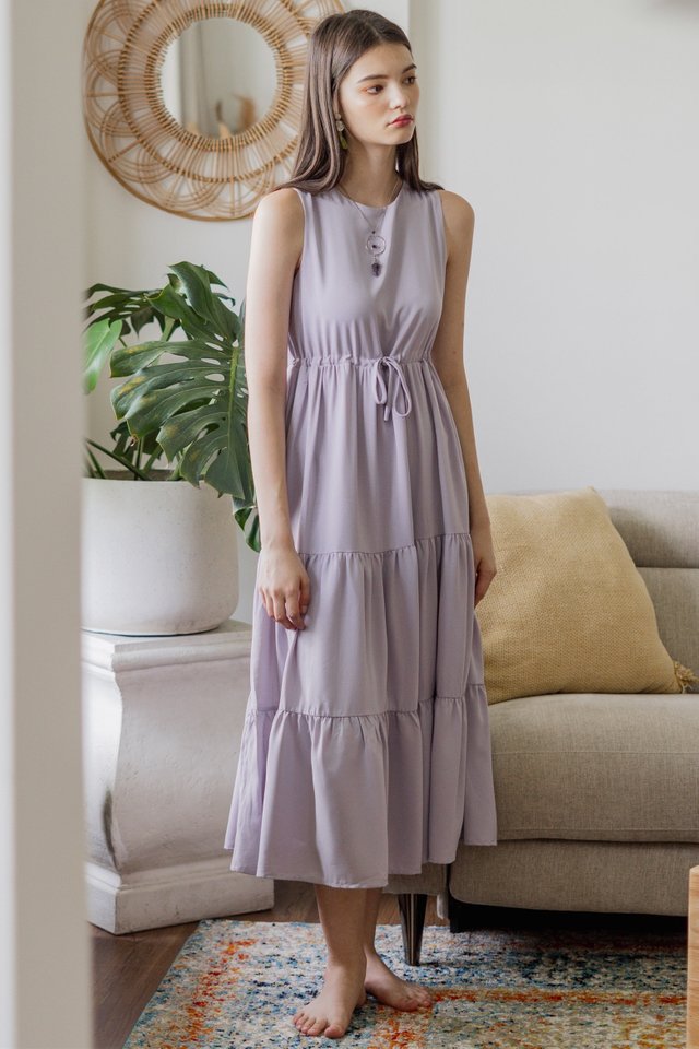 ACW Drawstring Tiered Midi Dress in Lavender