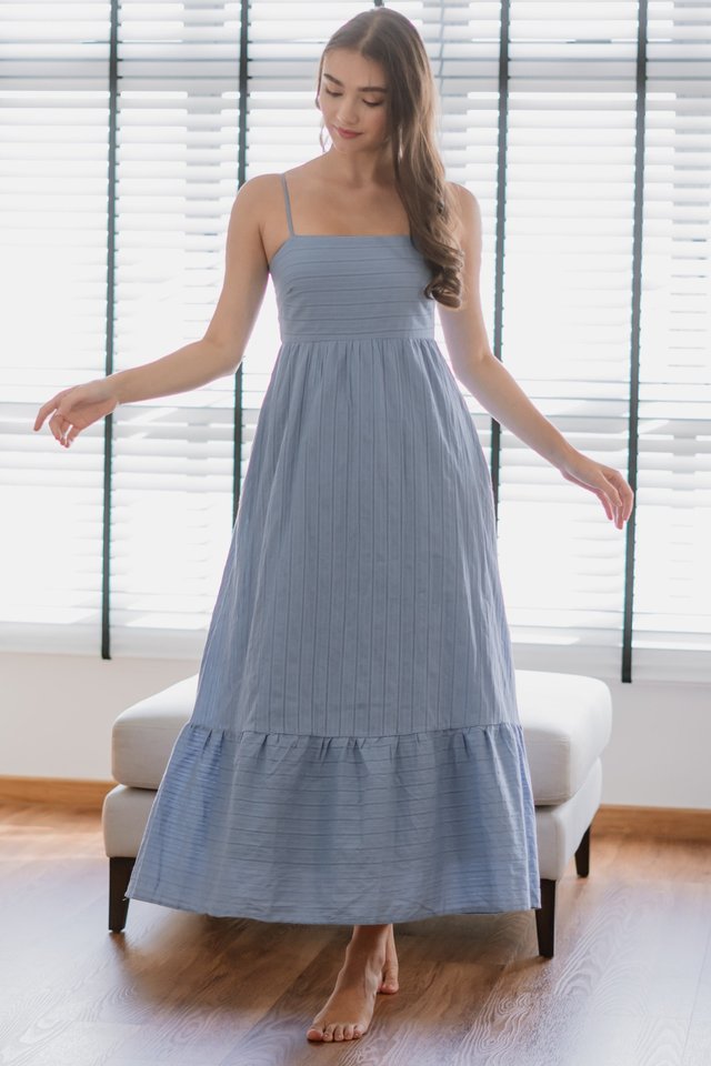 Textured Lines Drop Hem Maxi Dress in Sky Blue