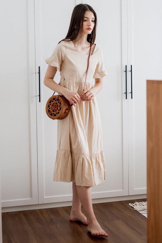 ACW Linen Square Neck Drop Hem Midi Dress in Ecru