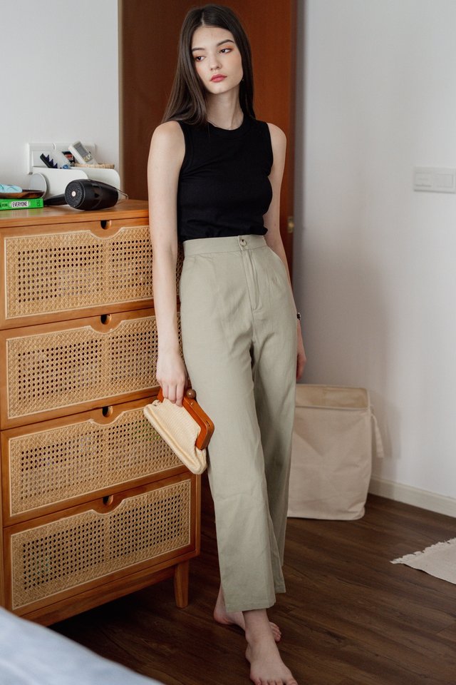 ACW Linen Button Straight Cut Trousers in Olive