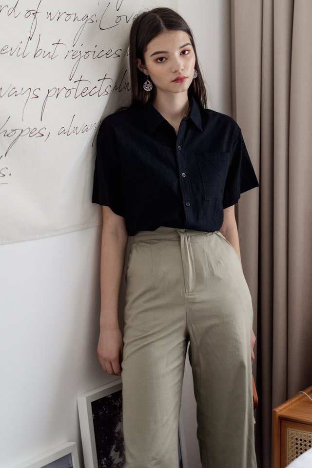 ACW Linen Camp Collar Button Down Shirt in Black