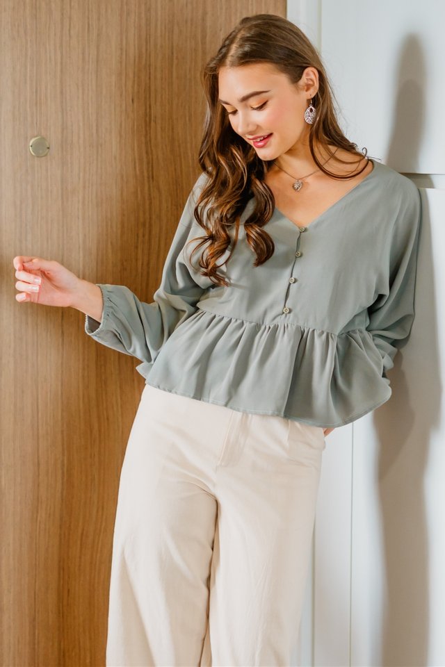 ACW Balloon Button Down Babydoll Blouse in Olive