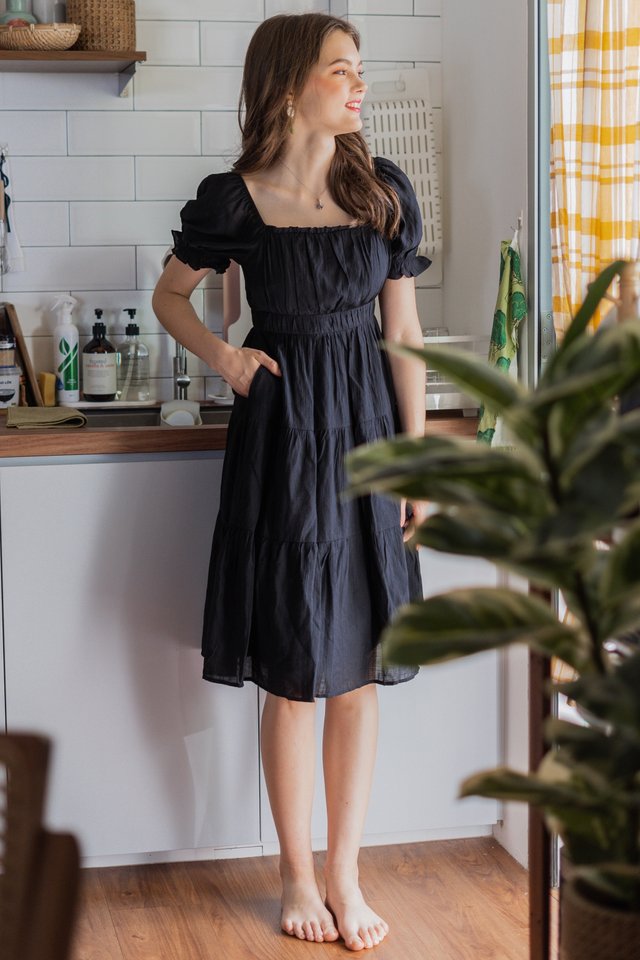 Puff Sleeve Textured Tiered Midi Dress in Black