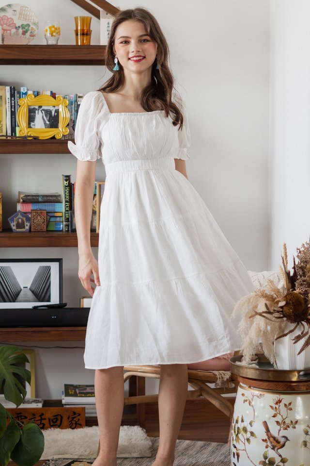 Puff Sleeve Textured Tiered Midi Dress in White