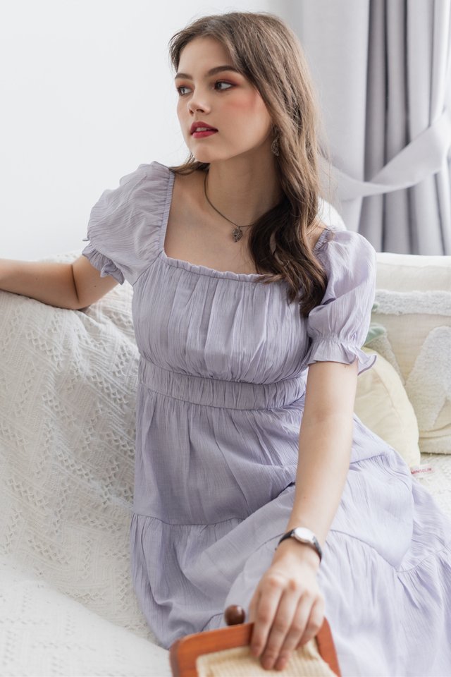 Puff Sleeve Textured Tiered Midi Dress in Lilac