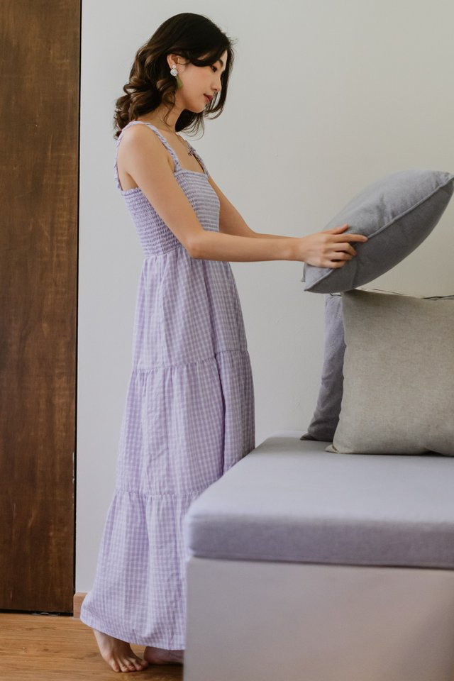Gingham Smock Tiered Maxi Dress in Lavender