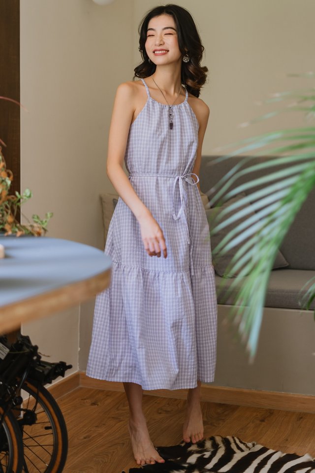 Gingham Cut In Dropwaist Maxi Dress in Lavender