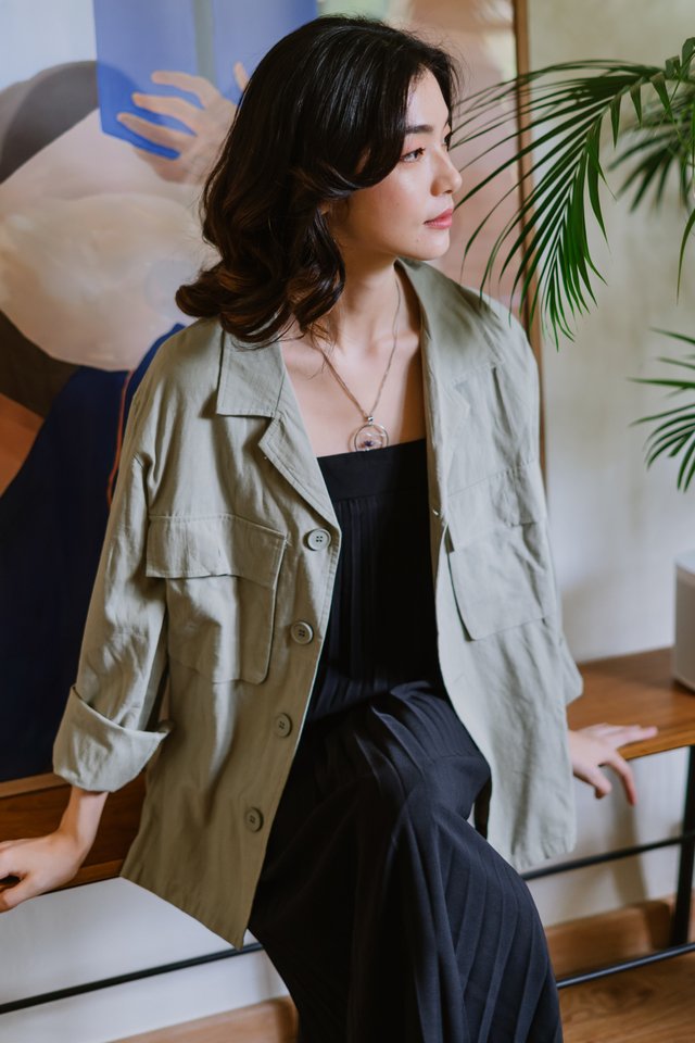 ACW Oversized Button Down Linen Jacket in Olive