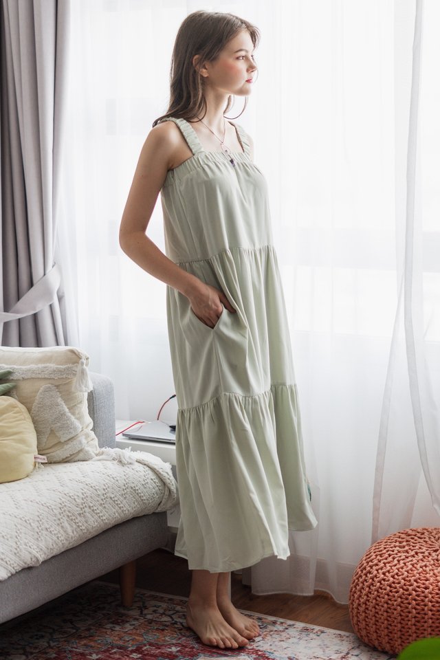 ACW Thick Strap Elastic Band Tiered Maxi Dress in Sage