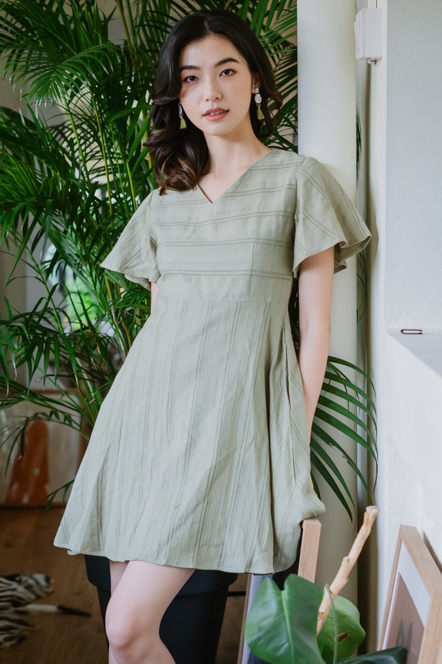 ACW Textured Lines Skater Swing Dress in Olive