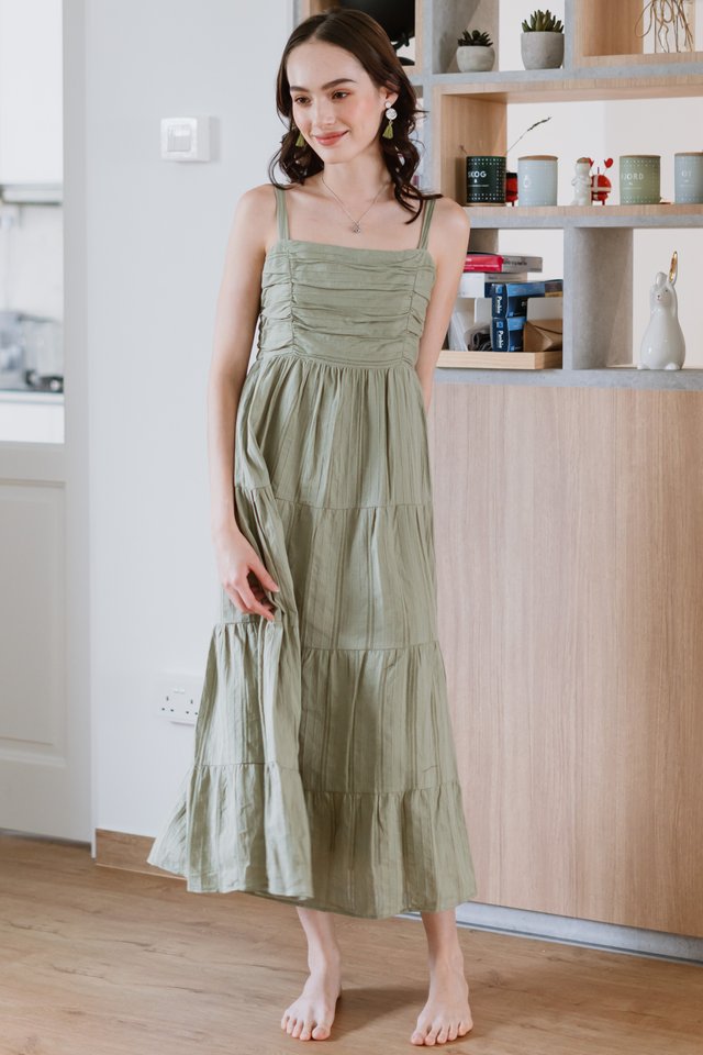 *BACK IN STOCK* ACW Textured Lines Ruch Detail Maxi Dress in Olive