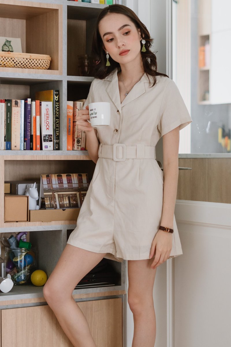 Short Sleeve Romper with Cotton Belt and Front Buttons