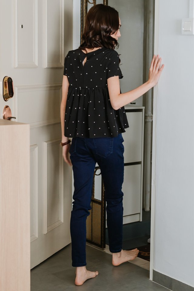 ACW Sleeved Babydoll Top in Black Polka Dot