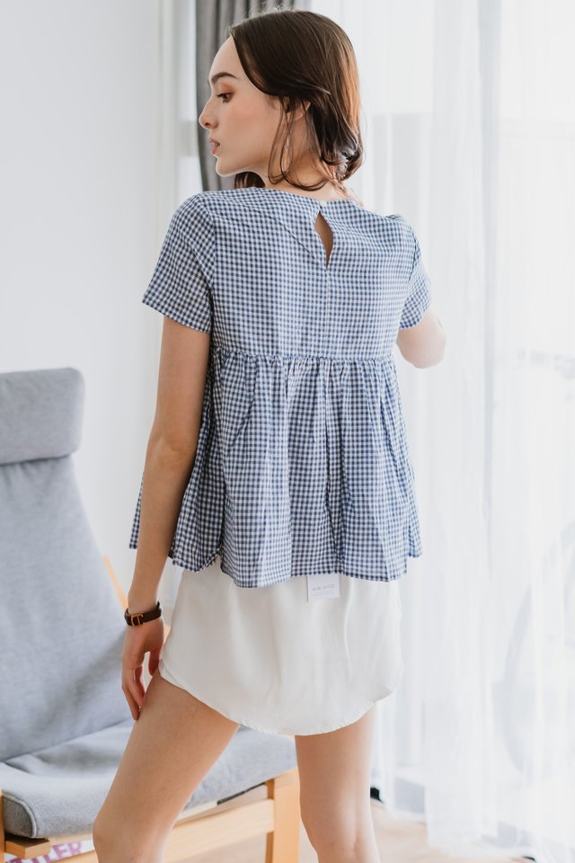 ACW Sleeved Babydoll Top in Navy Gingham