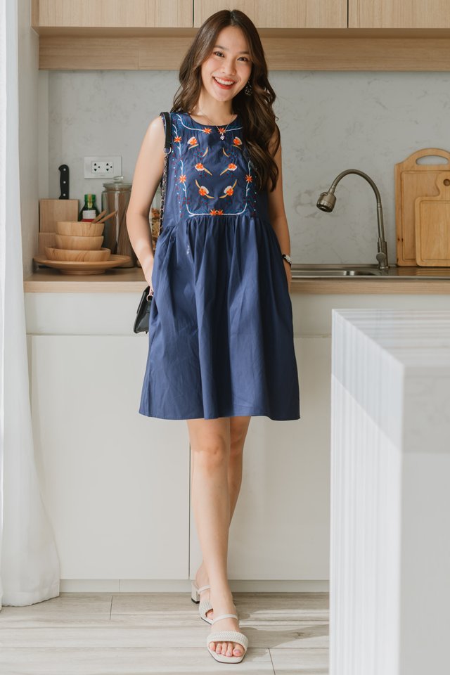 ACW Embroidery Babydoll Dress in Navy
