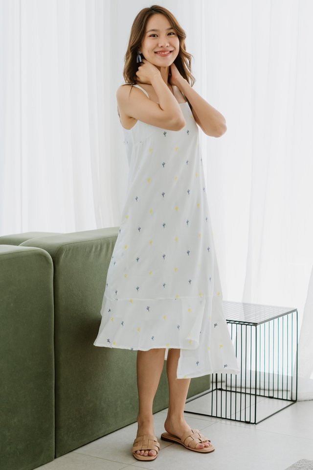 ACW Tier Asymmetrical Hem Sash Midi Dress in Cactus Embroidery