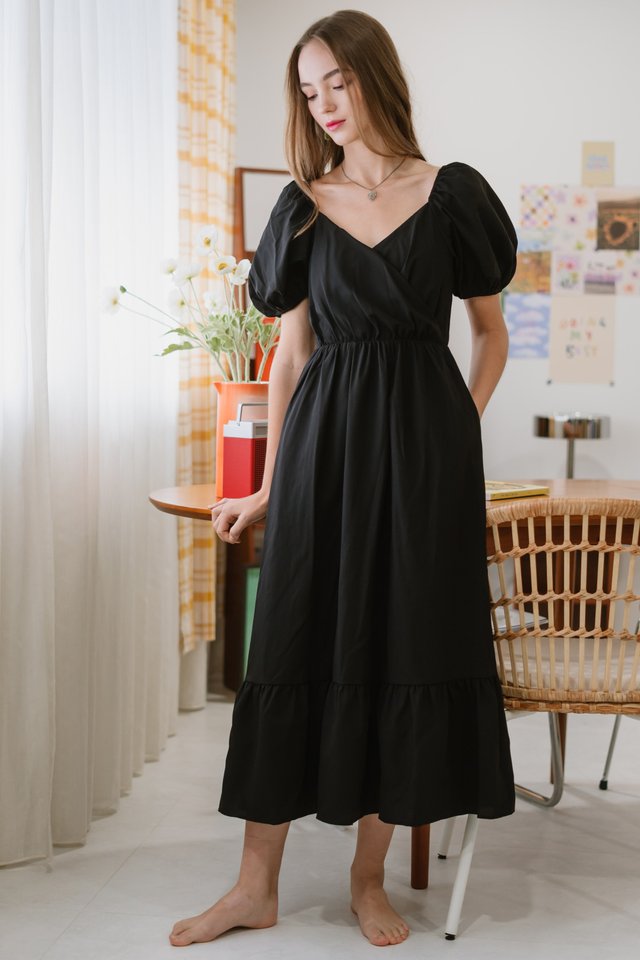 Puff Sleeve Front Wrap Maxi Dress in Black 