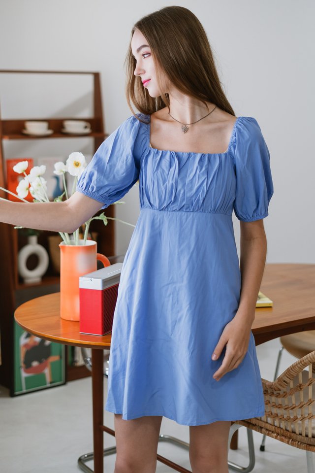 Square Neck Ruch Sleeved Babydoll Romper Dress in Blue