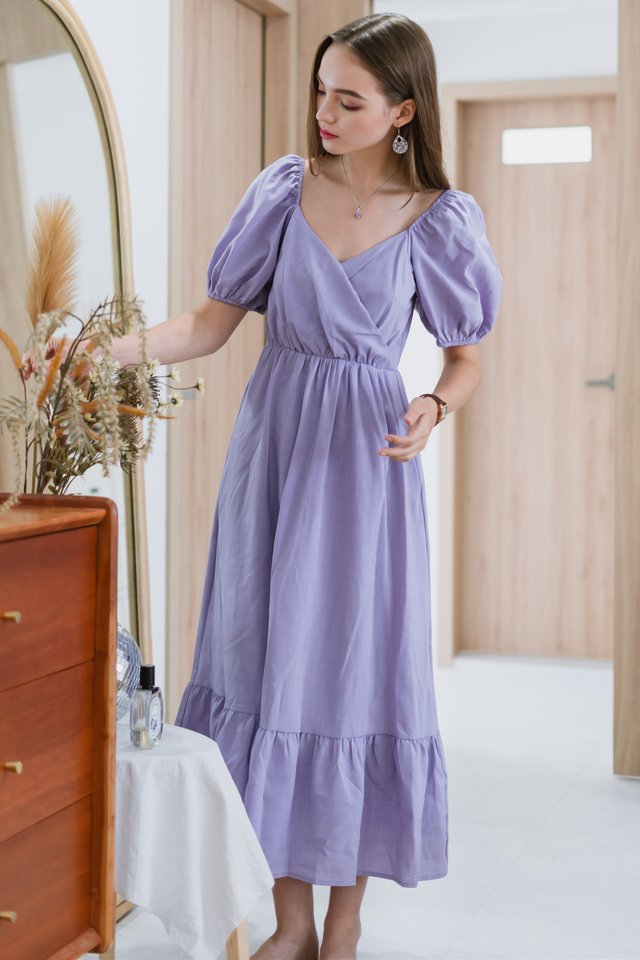Puff Sleeve Front Wrap Maxi Dress in Lavender