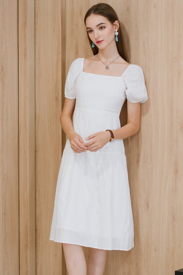 Puff Sleeve Button Panel Midi Dress in White