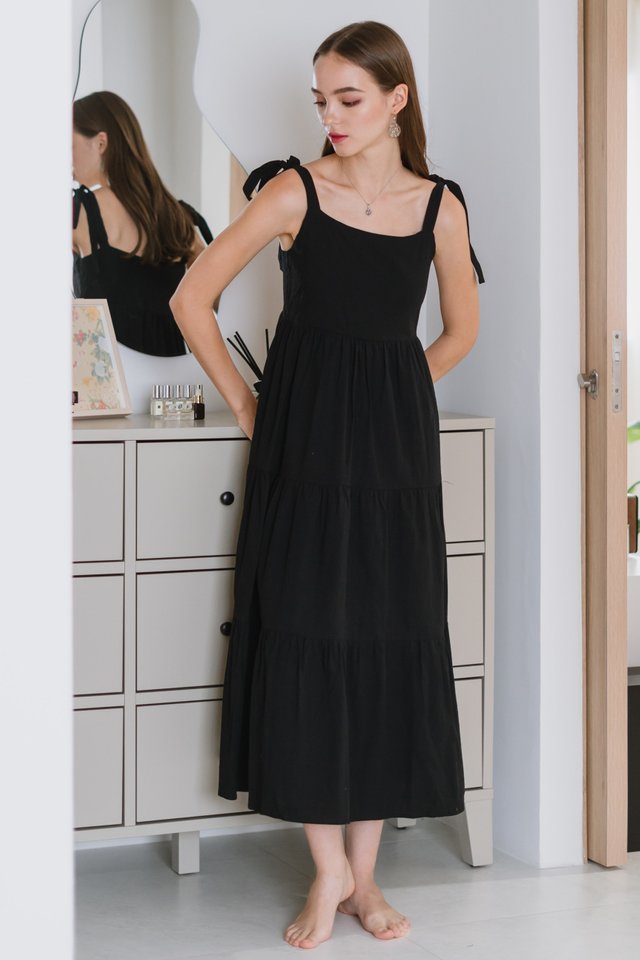 ACW Tie Strap Linen Tiered Maxi Dress in Black 