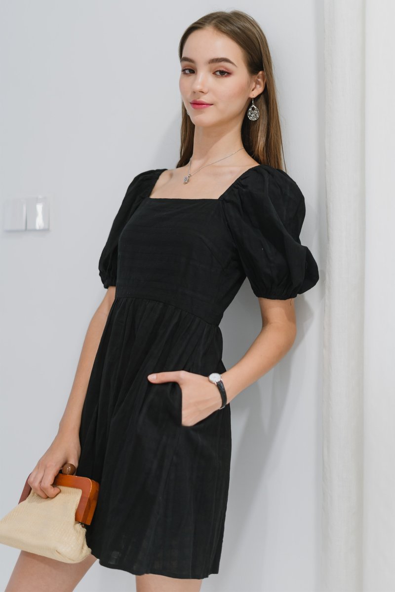 Square Neck Puff Sleeve Tie Back Dress