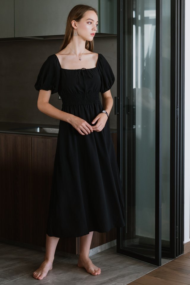 Ribbon Puff Sleeve Elastic Midi Dress in Black