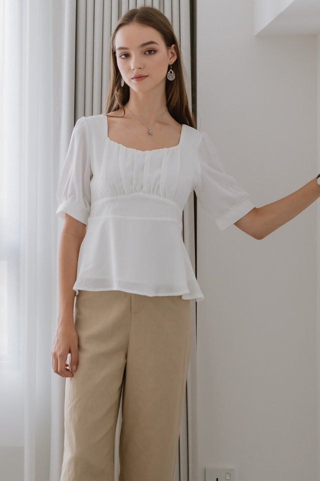 ACW Ruched Puff Sleeve Peplum Top in White