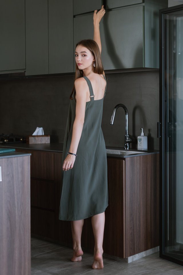 ACW Buckle Detail Square Neck Midi Dress in Olive