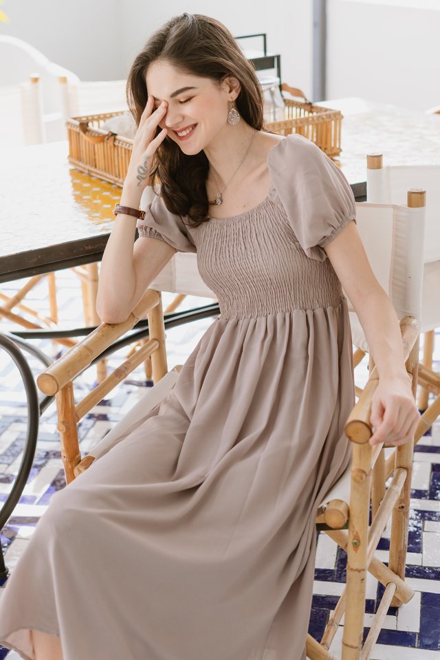 ACW Smock Puff Sleeve Maxi Dress in Taupe